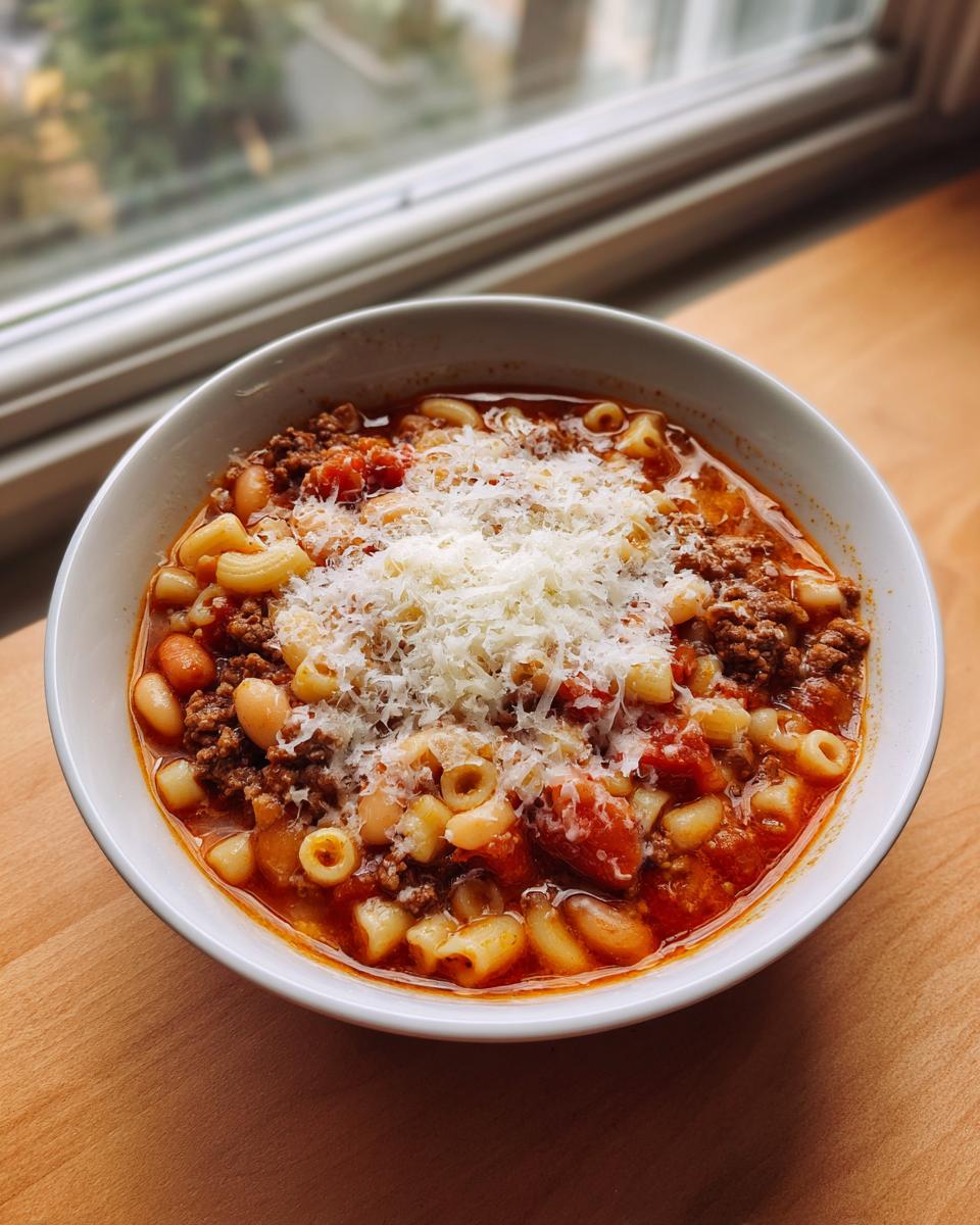 A close-up of a white bowl filled with rich pasta fagioli soup, featuring ground meat, beans, pasta, and a generous topping of grated Parmesan cheese.