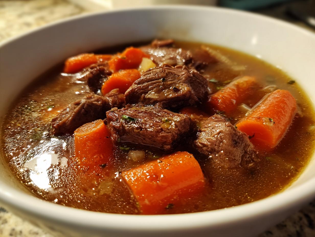 Close-up of a rich vegetable beef soup featuring large chunks of beef and bright orange carrots in a savory broth.