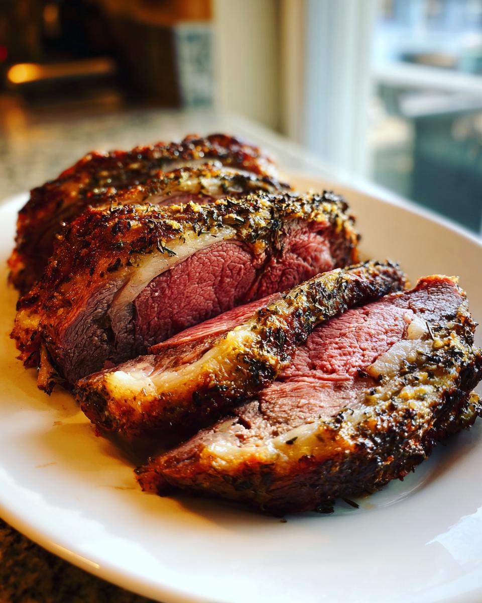 Close-up of a perfectly cooked, medium-rare rib roast sliced on a white plate, showing the herb crust.