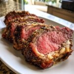 Three thick slices of medium-rare rib roast, showing a beautiful herb crust and pink interior.