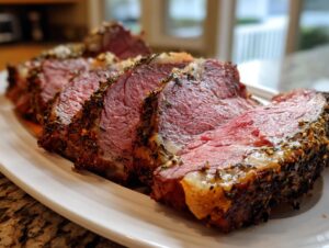 Close-up of perfectly cooked, medium-rare rib roast sliced and seasoned with herbs on a white platter.