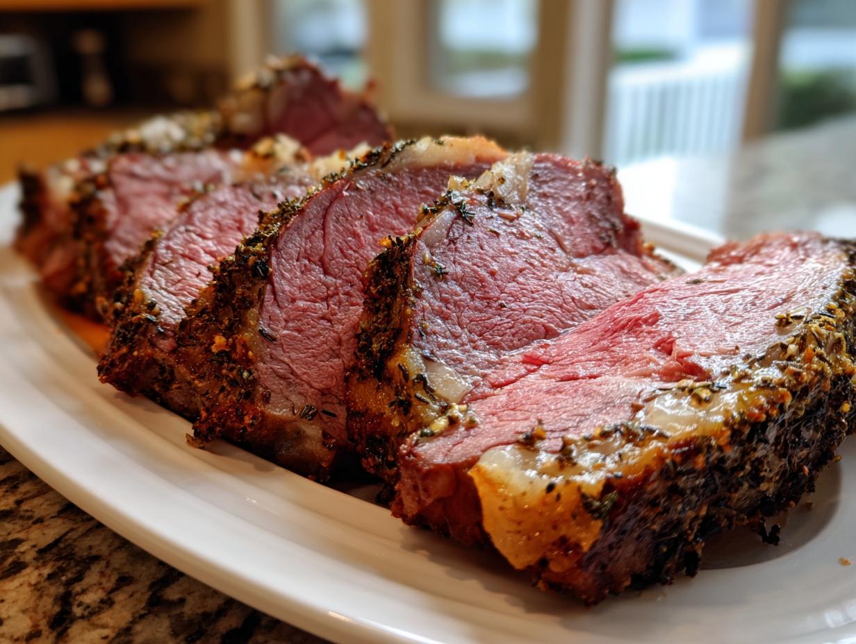 Close-up of perfectly cooked, medium-rare rib roast sliced and seasoned with herbs on a white platter.