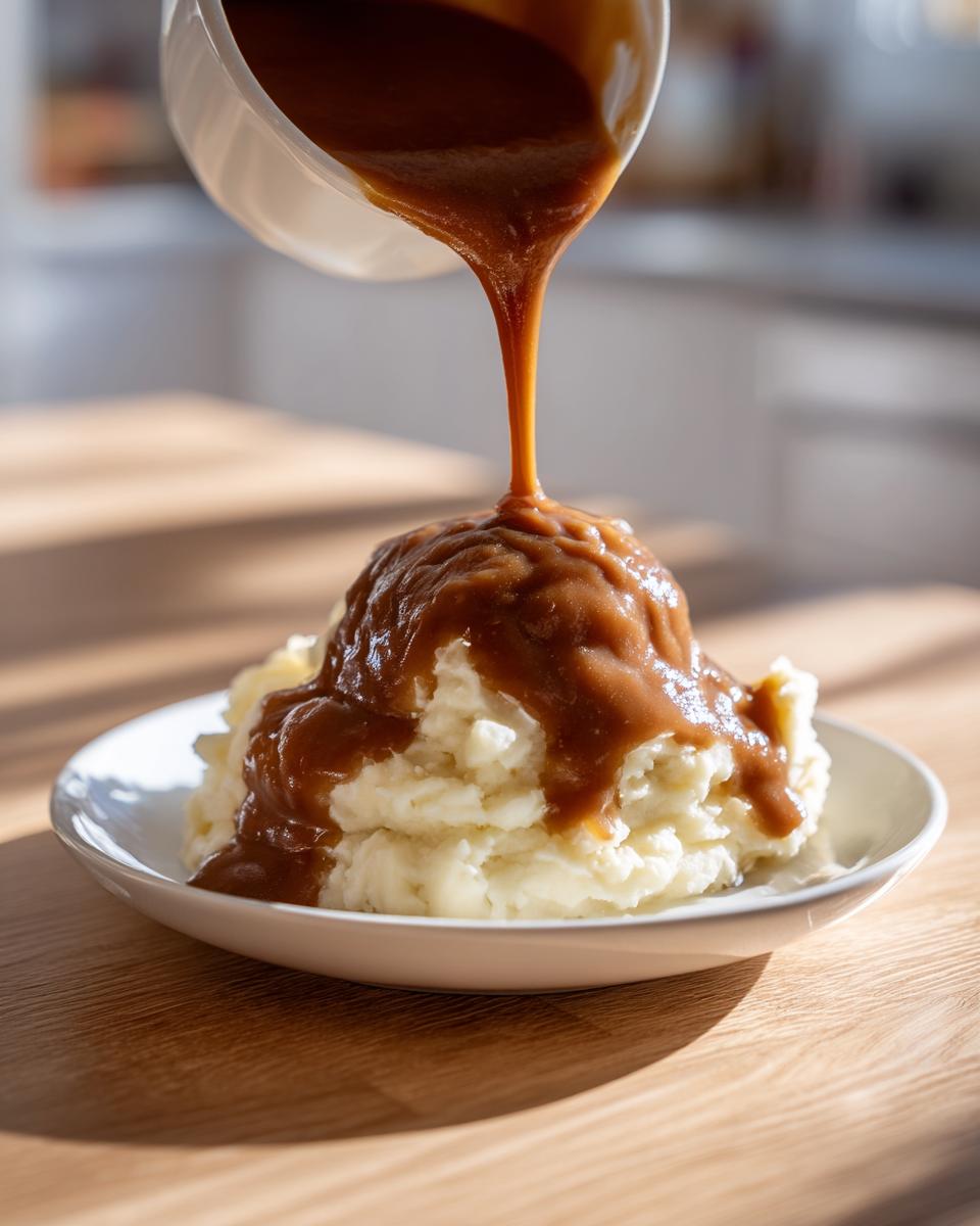 A stream of rich homemade brown gravy is poured from a white pitcher onto a mound of fluffy mashed potatoes.