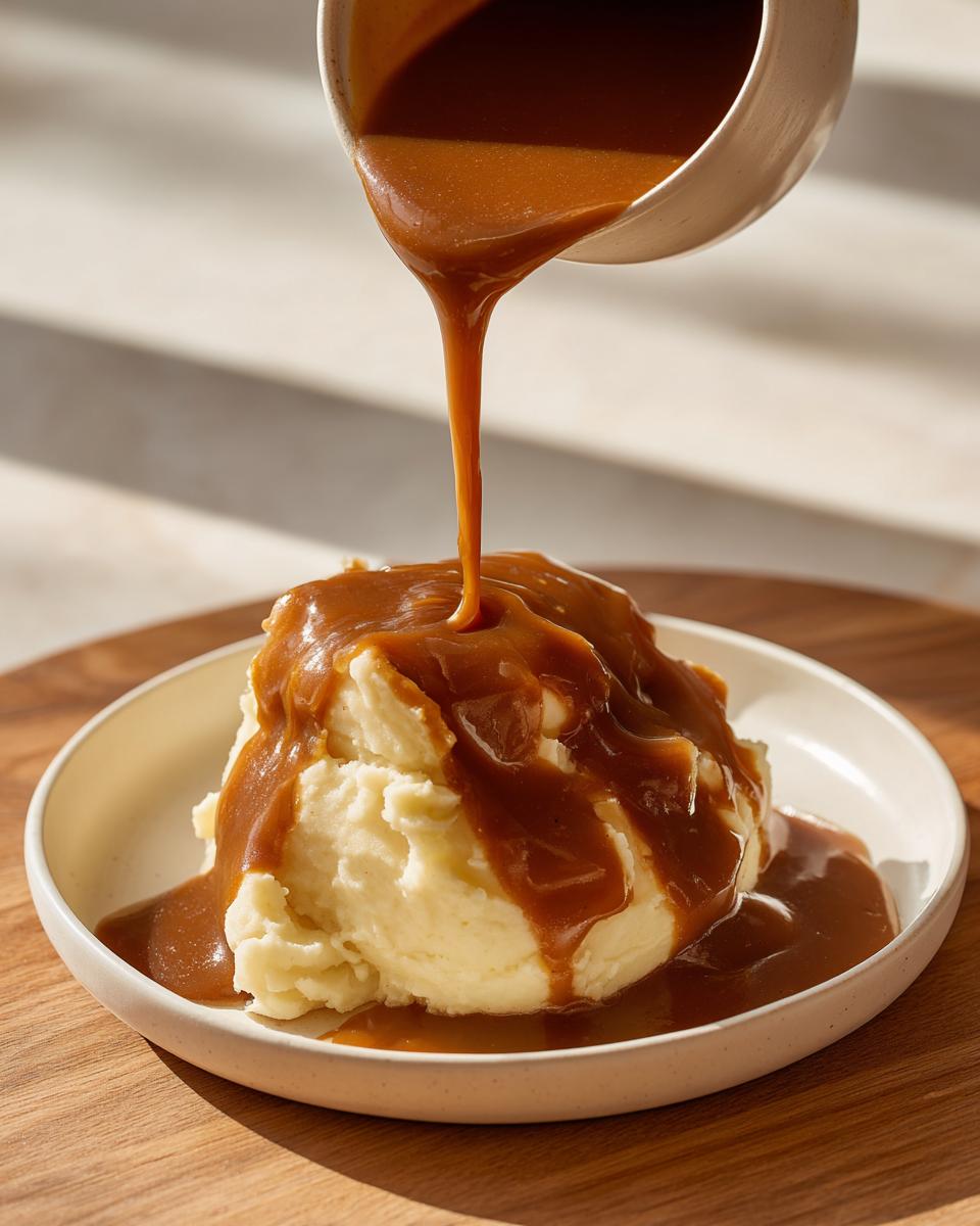 Thick, rich homemade brown gravy being poured from a small bowl onto a mound of creamy mashed potatoes.