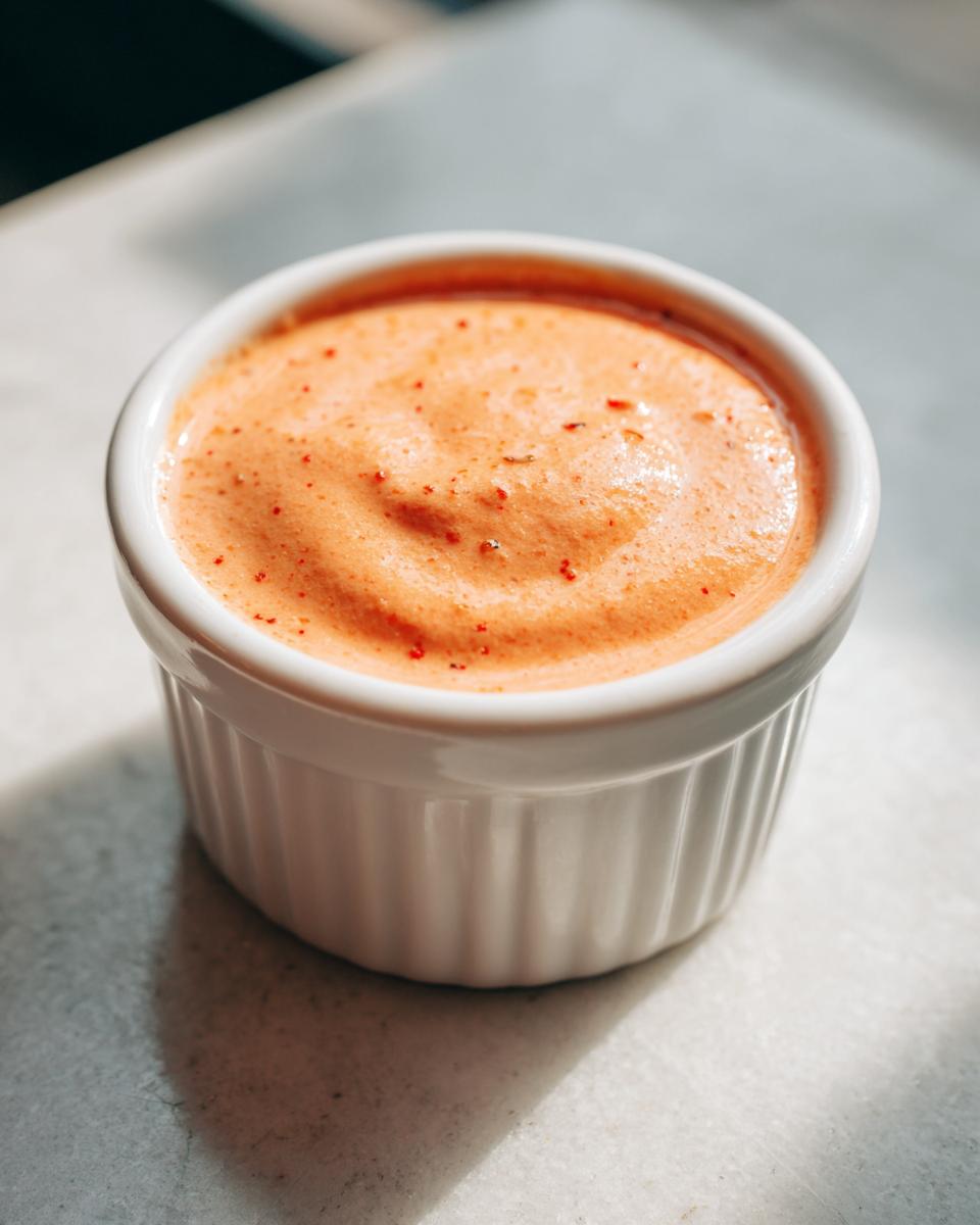A close-up shot of creamy, orange-pink burger sauce speckled with red spices, served in a small white ramekin.