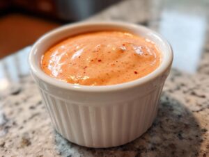 Close-up of creamy, orange-hued burger sauce speckled with spices, served in a small white ramekin.