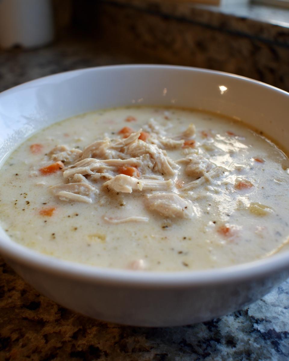 Close-up of a white bowl filled with creamy, homemade cream of chicken soup, featuring shredded chicken and diced carrots.