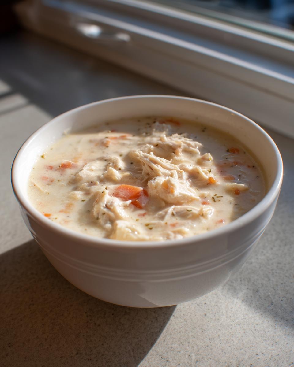 A white bowl filled with rich, homemade cream of chicken soup, featuring shredded chicken and visible carrot pieces.