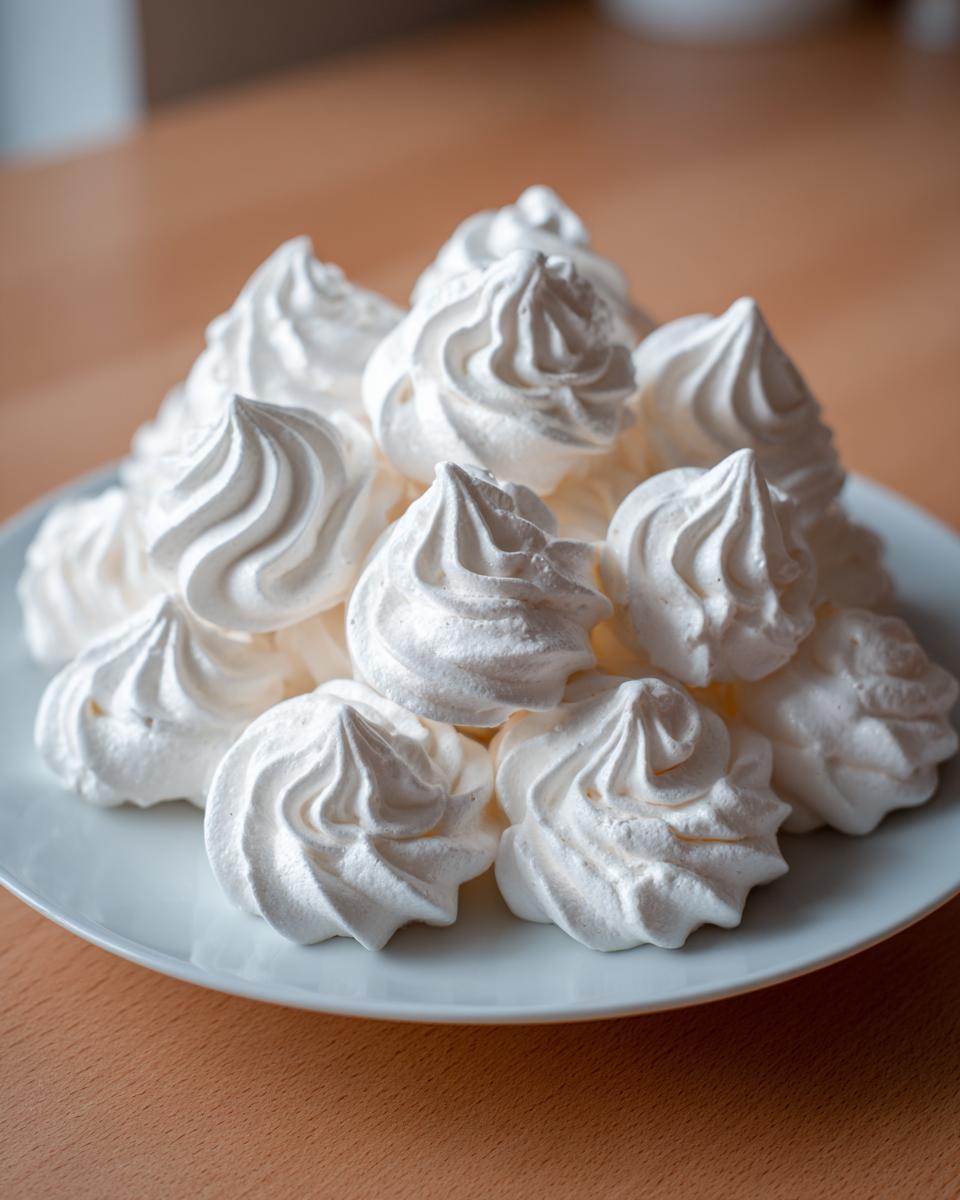 A close-up of a mound of perfectly piped, white meringue cookies stacked on a light blue plate.