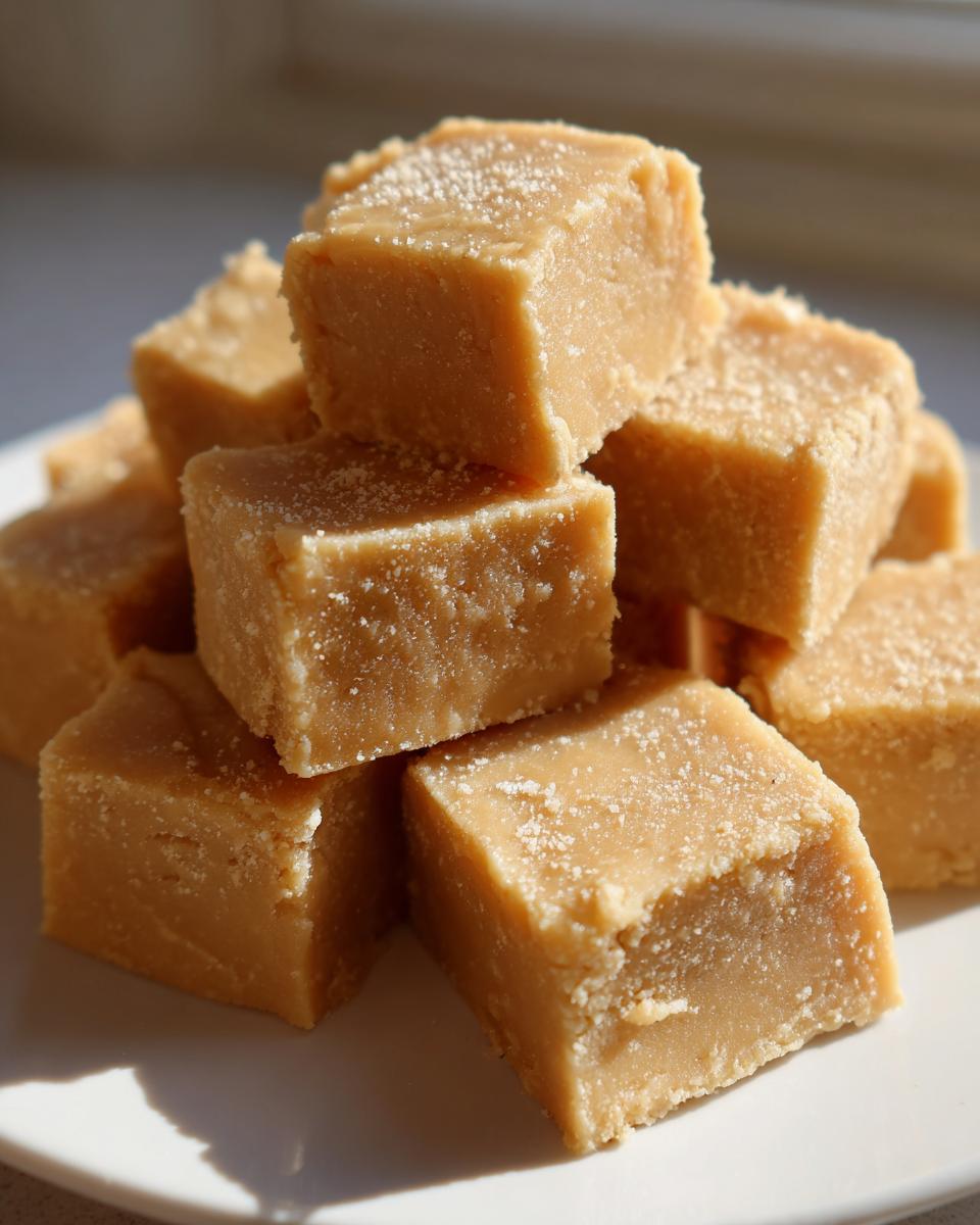 A close-up stack of creamy, light brown peanut butter fudge squares dusted lightly with sugar on a white plate.
