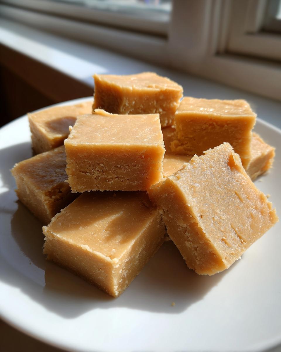 A stack of creamy, light brown squares of homemade peanut butter fudge sitting on a white plate near a window.