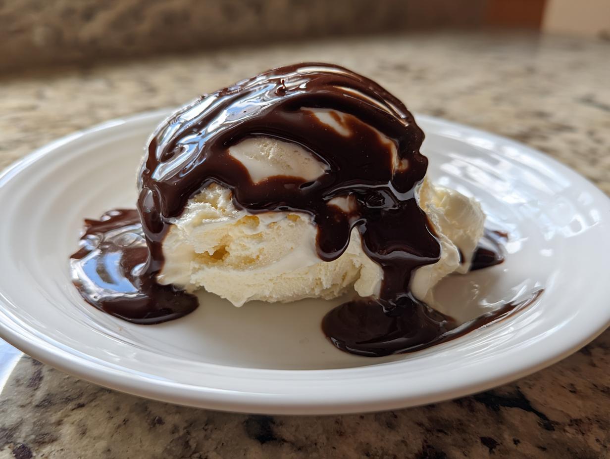 A scoop of vanilla ice cream generously covered in rich, dark chocolate syrup on a white plate.