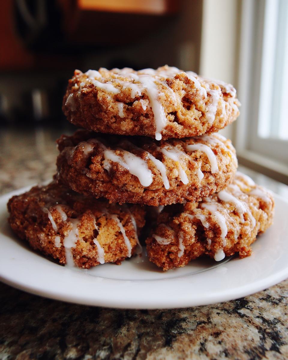 A stack of four rich, crumbly coffee cake cookies drizzled with white icing, resting on a white plate.