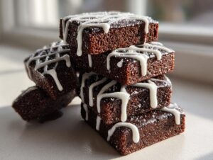 Stack of dark brown, rectangular gingerbread house recipe pieces drizzled with white icing.