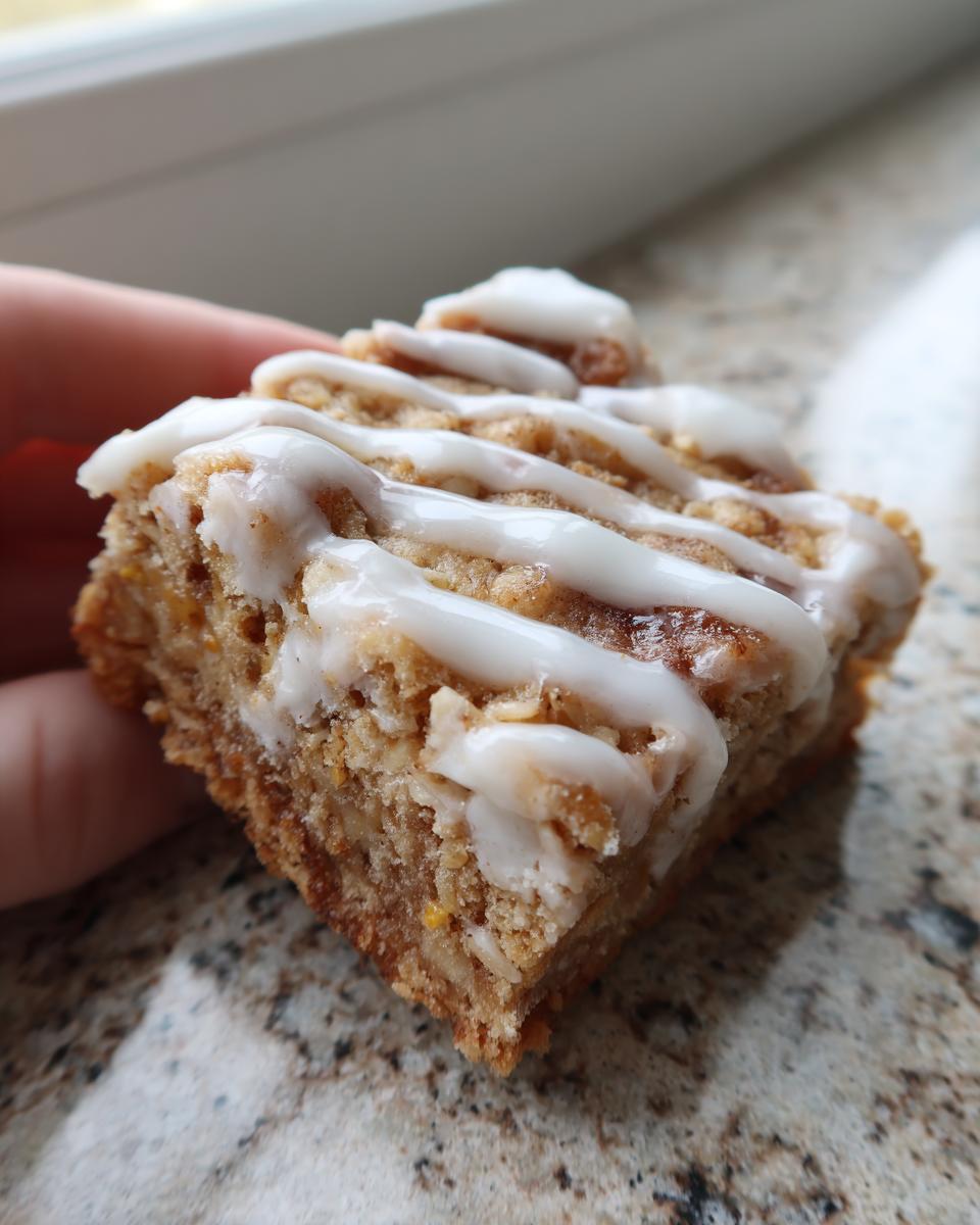 A close-up view of a thick, square oatmeal bars slice topped with white vanilla icing drizzle.