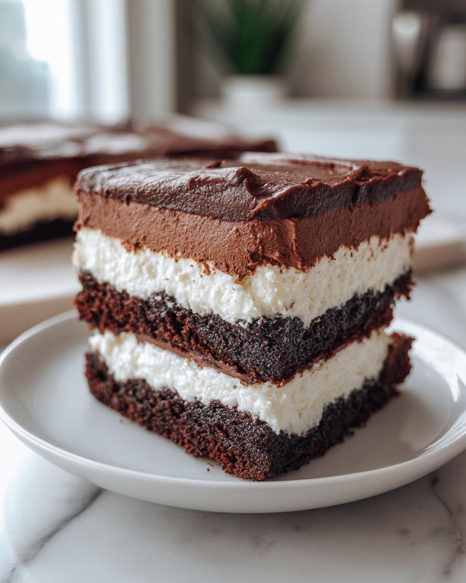 A square slice of Italian love cake showing layers of dark chocolate cake, white cream, and chocolate mousse topping.