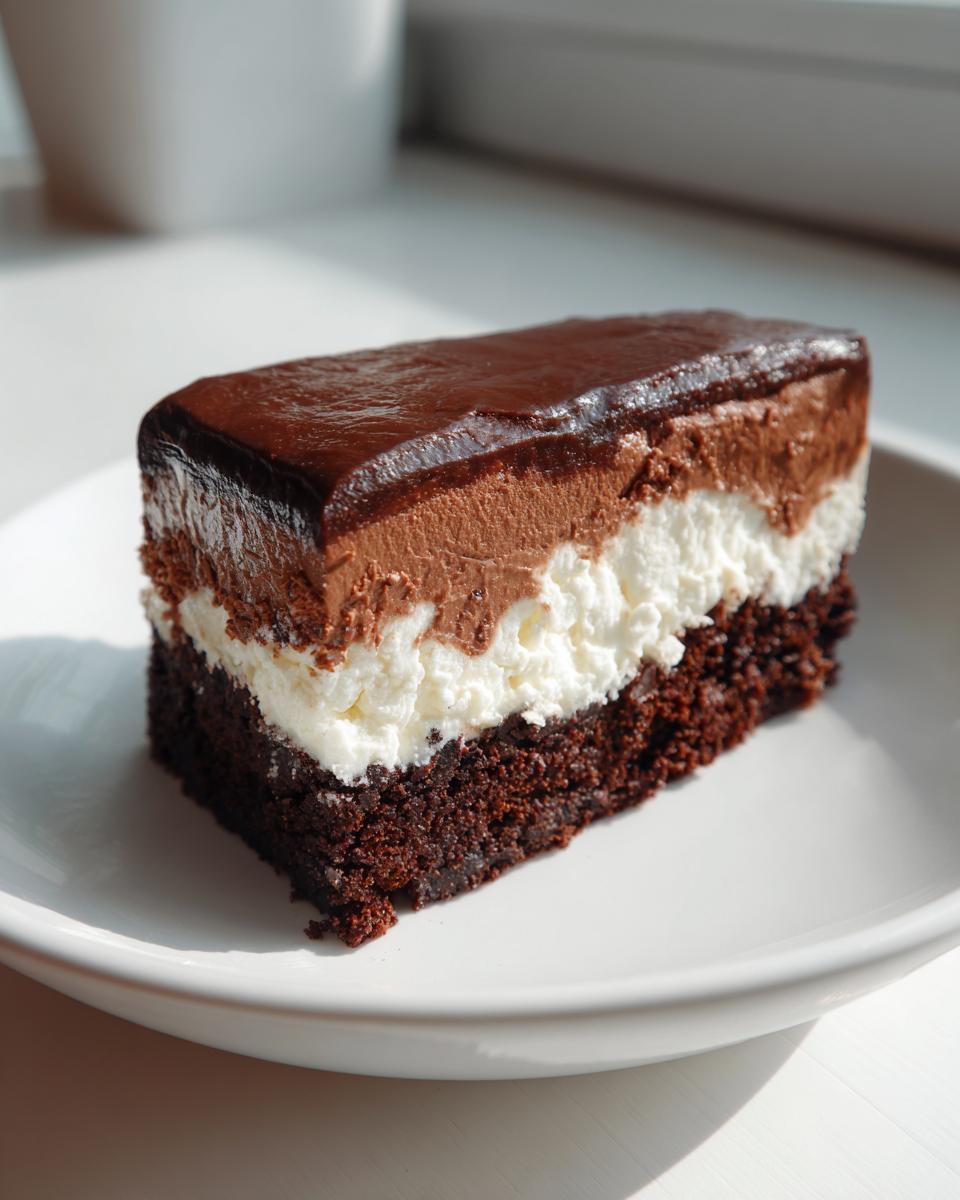 A rectangular slice of Italian love cake showing three distinct layers: dark chocolate cake base, white cream filling, and chocolate mousse topped with ganache.