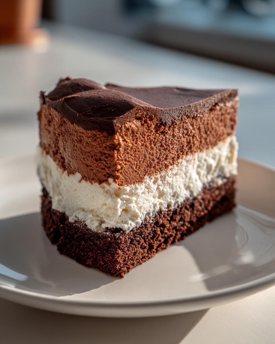 A decadent slice of Italian love cake featuring three distinct layers: dark chocolate cake, white cream, and chocolate mousse topping.