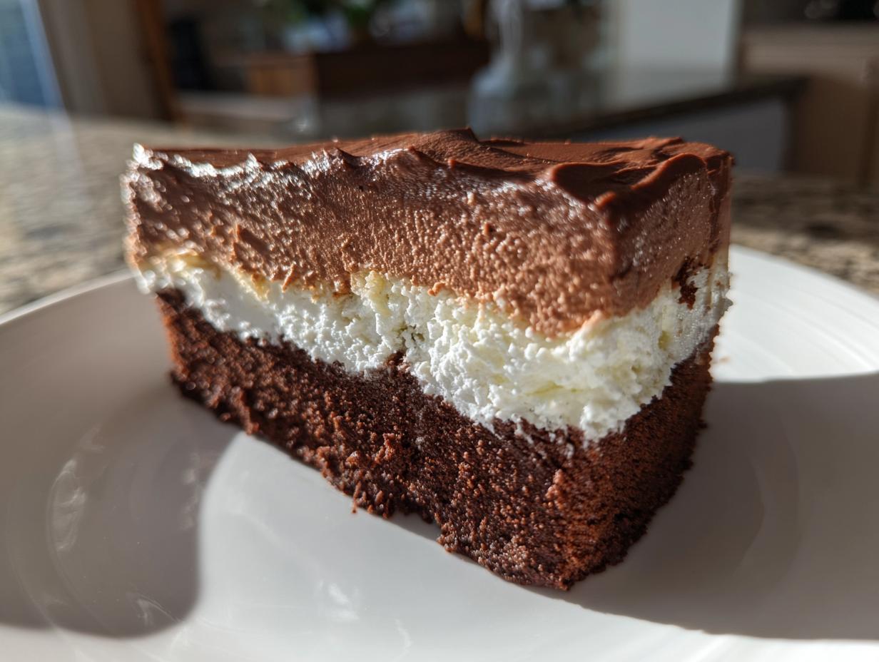 A decadent slice of Italian love cake featuring three distinct layers: dark chocolate cake base, white creamy middle, and chocolate mousse top.