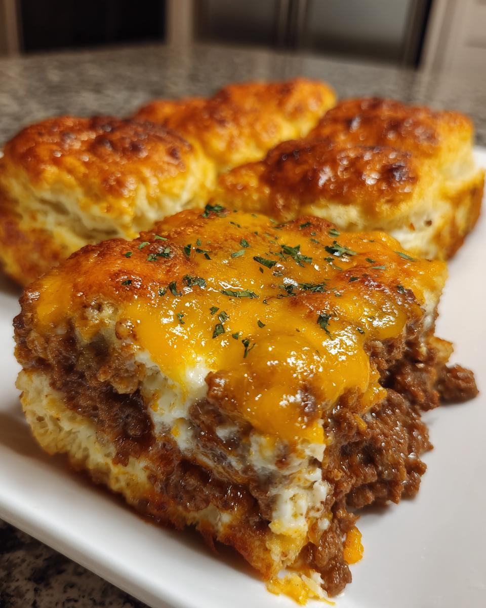 A close-up of a serving of rich john wayne casserole topped with melted cheddar cheese and parsley, next to golden biscuits.