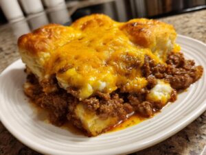 A hearty serving of john wayne casserole featuring a ground beef mixture topped with biscuits and melted cheddar cheese.