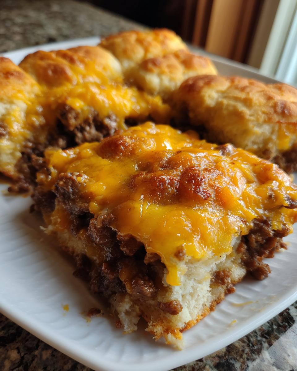 Close-up of a serving of john wayne casserole featuring a biscuit base topped with seasoned ground beef and melted cheddar cheese.
