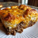 Close-up of a hearty slice of john wayne casserole showing layers of ground beef, biscuit topping, and melted cheddar cheese.