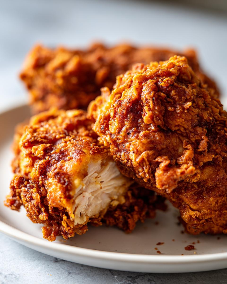Close-up of crispy, golden-brown air fryer fried chicken, showing the juicy white meat inside one piece.