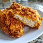 Close-up of juicy air fryer fried chicken, showing the crispy coating and moist white meat inside.