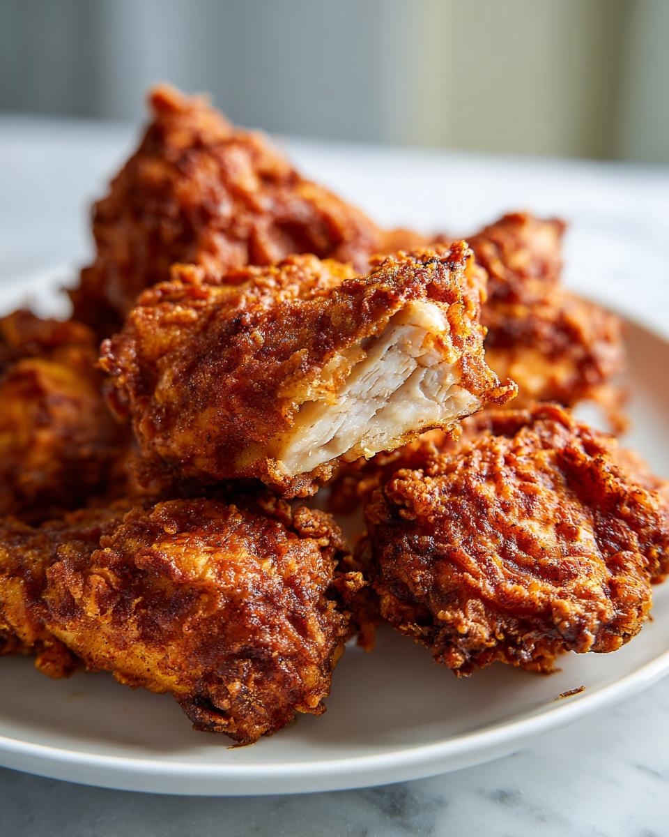 Close-up of perfectly cooked air fryer fried chicken pieces, showing the juicy white meat inside the crispy, dark brown coating.
