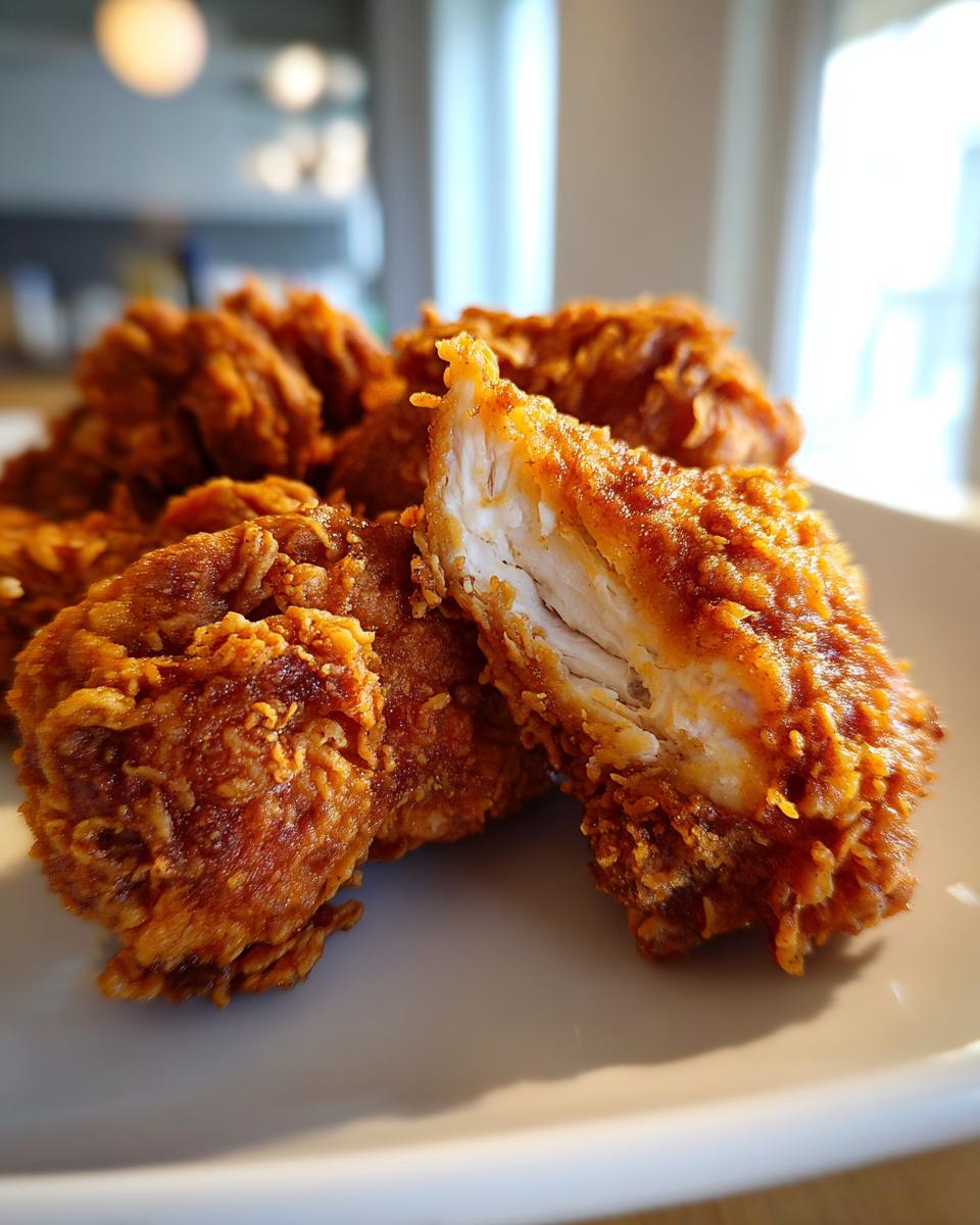 Close-up of crispy, golden-brown air fryer fried chicken, showing the juicy white meat inside one piece that has been broken open.