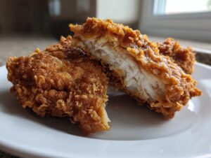 Close-up of air fryer fried chicken cut in half showing crispy exterior and juicy white meat inside.