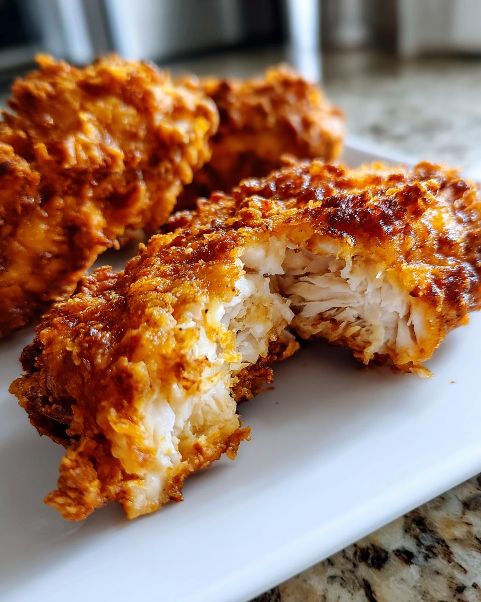 Close-up of juicy air fryer fried chicken, showing the white, flaky interior and crispy orange-brown coating.