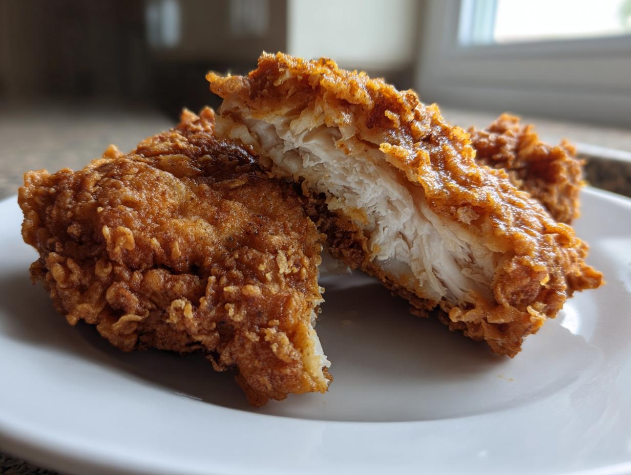 Close-up of air fryer fried chicken cut in half showing crispy exterior and juicy white meat inside.