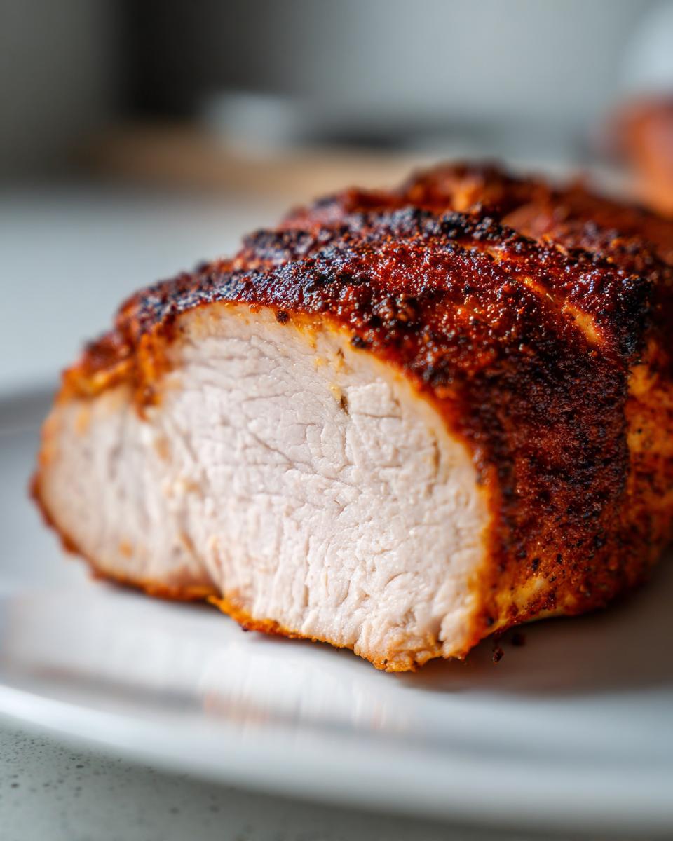 Close-up of a perfectly cooked, juicy baked chicken breast showing the white interior and dark, seasoned crust.