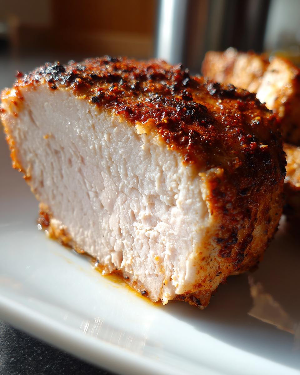 Close-up of a perfectly cooked baked chicken breast, showing juicy white meat and a seasoned, browned crust.
