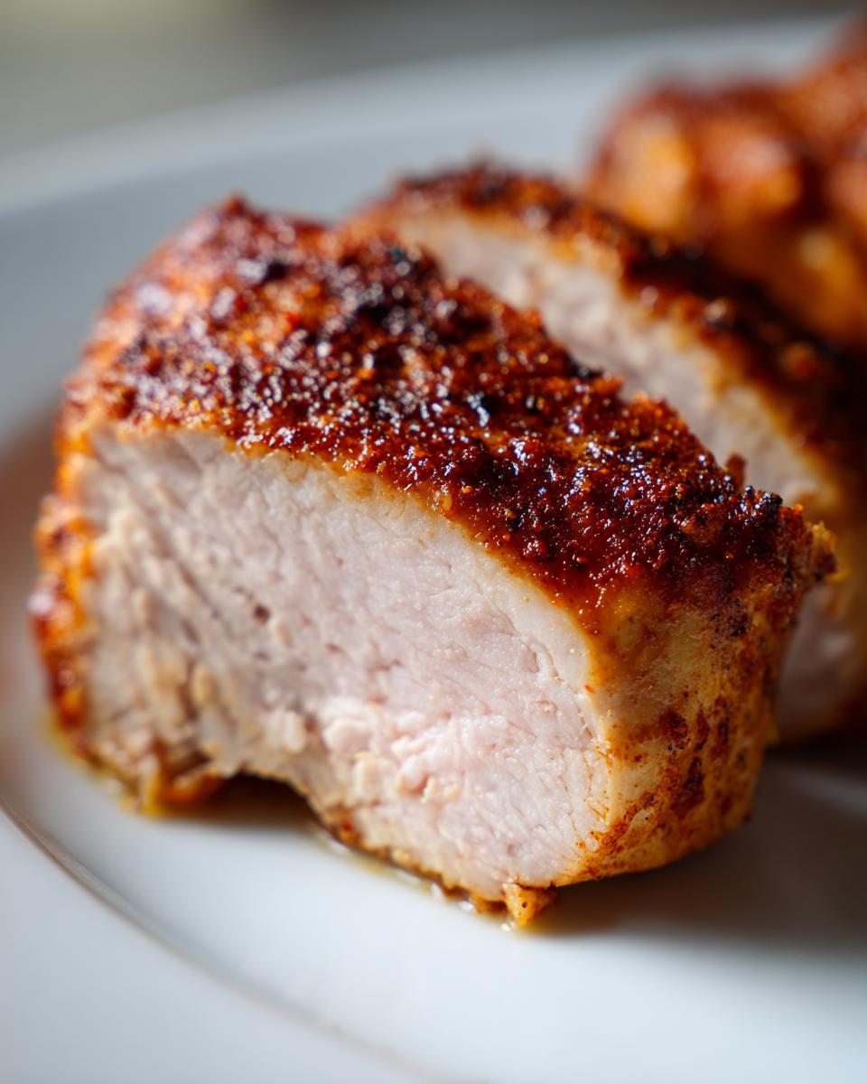 Close-up of a juicy baked chicken breast, sliced to show the moist interior and heavily seasoned crust.