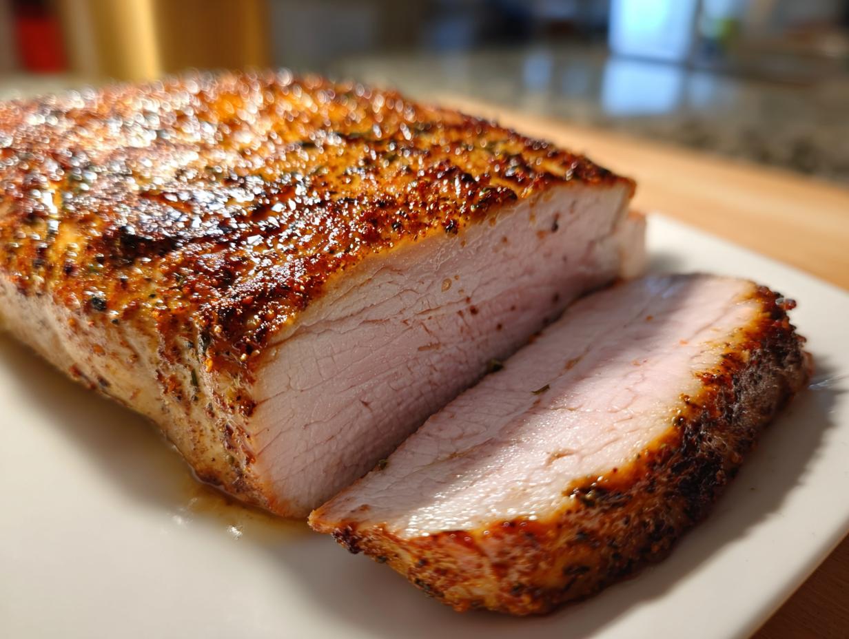 Close-up of a perfectly cooked, juicy baked chicken breast, sliced to show the moist interior and seasoned crust.