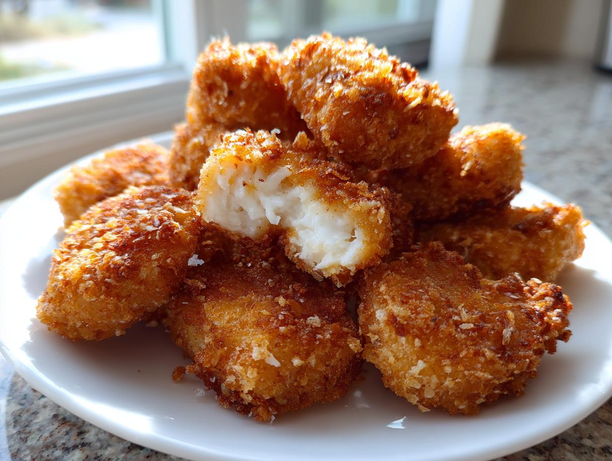 A pile of golden brown homemade chicken nuggets on a white plate, one nugget is broken open showing the white, juicy interior.