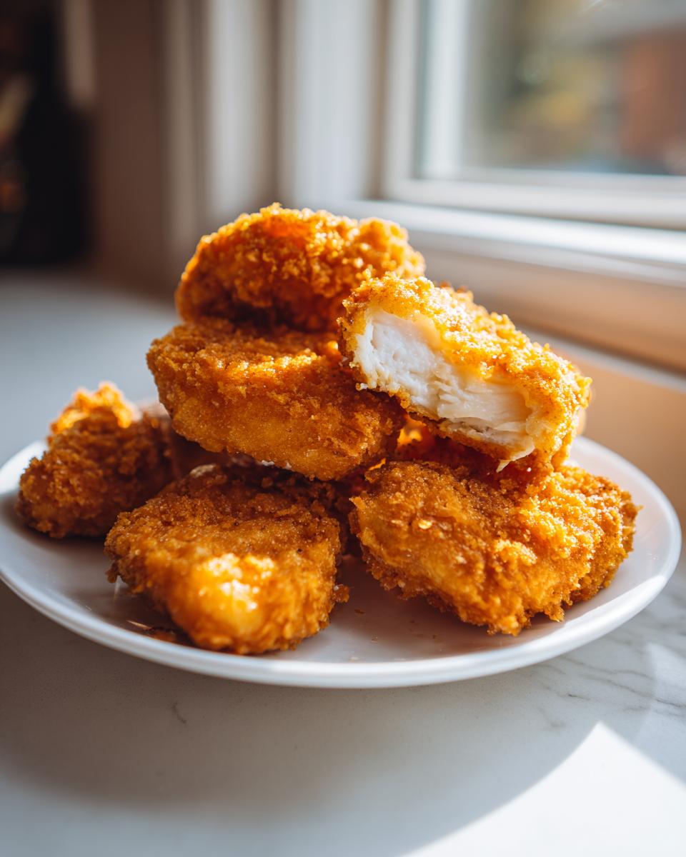 A stack of golden brown homemade chicken nuggets on a white plate, one nugget is broken open showing the white, juicy interior.