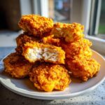 A stack of crispy, golden homemade chicken nuggets, with one broken open showing the juicy white meat inside.