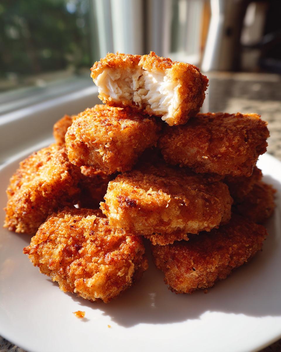 A stack of golden brown, crispy homemade chicken nuggets, with one nugget broken open showing the juicy white interior.