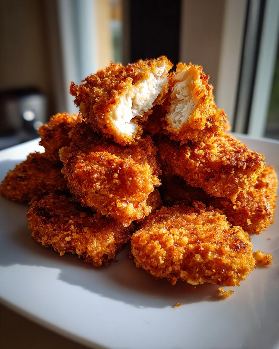 A pile of golden brown, crispy homemade chicken nuggets, one broken open to show the white, juicy interior.