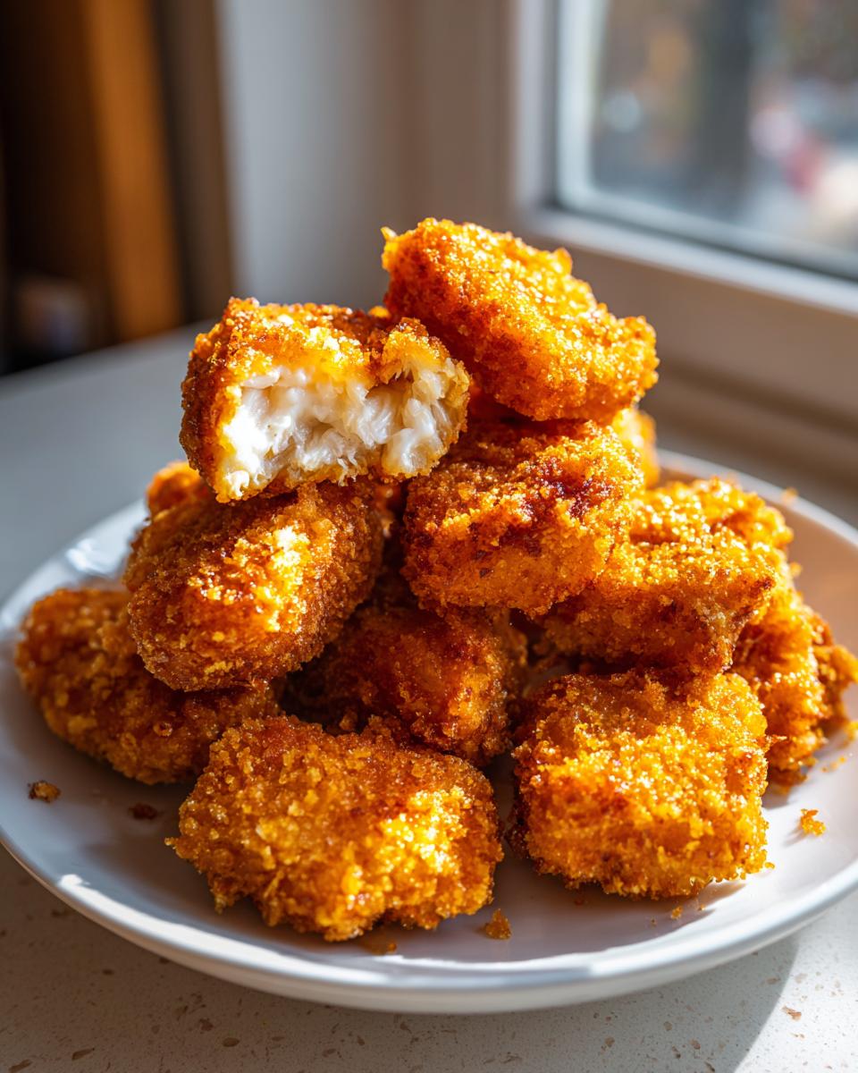 A pile of golden brown, crispy homemade chicken nuggets on a white plate, one nugget is broken open showing juicy white meat.