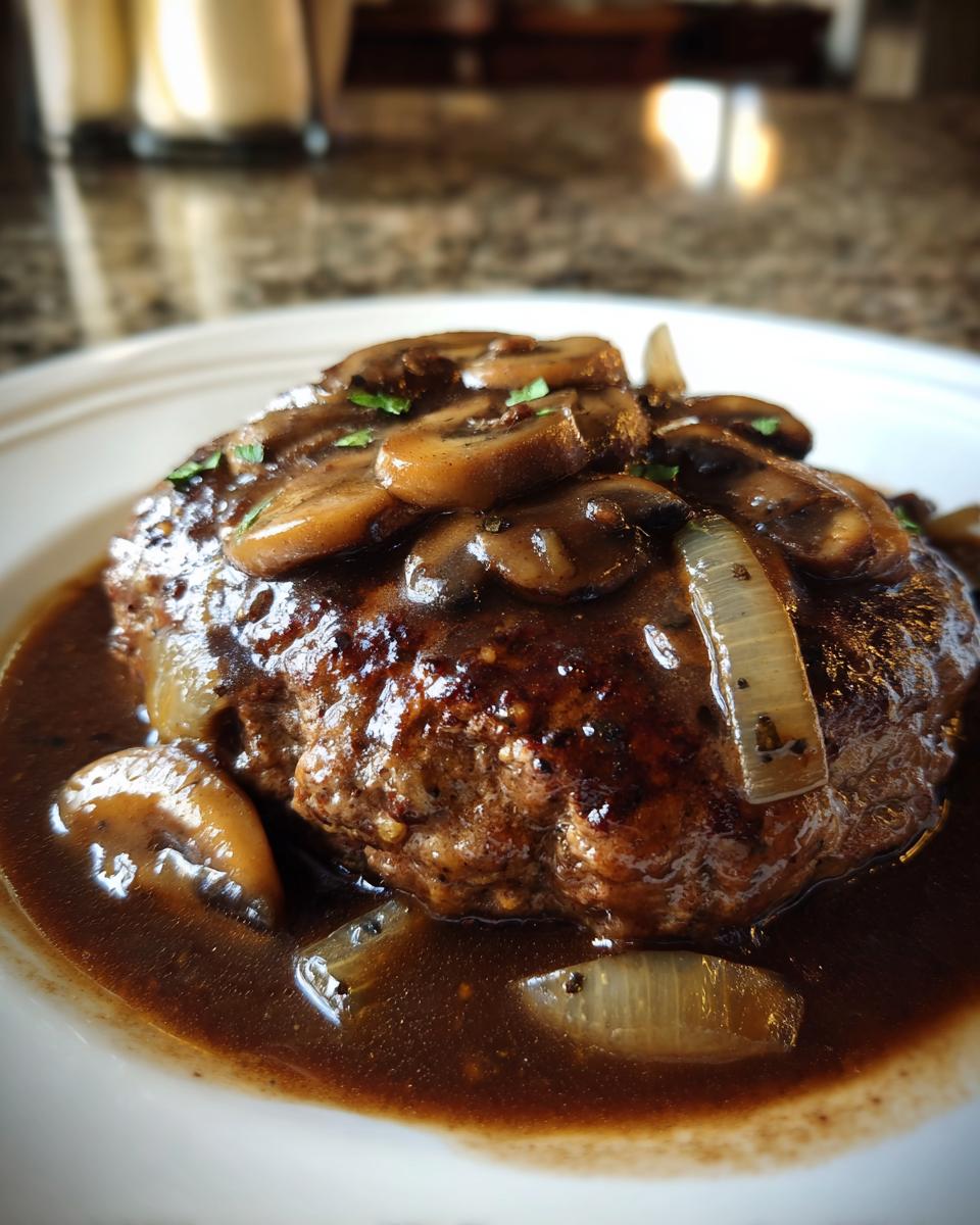 Close-up of a juicy Salisbury steak smothered in rich brown mushroom gravy and sliced onions.