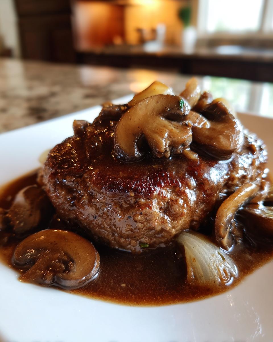 Close-up of a perfectly seared Salisbury steak smothered in brown mushroom gravy and sliced mushrooms.