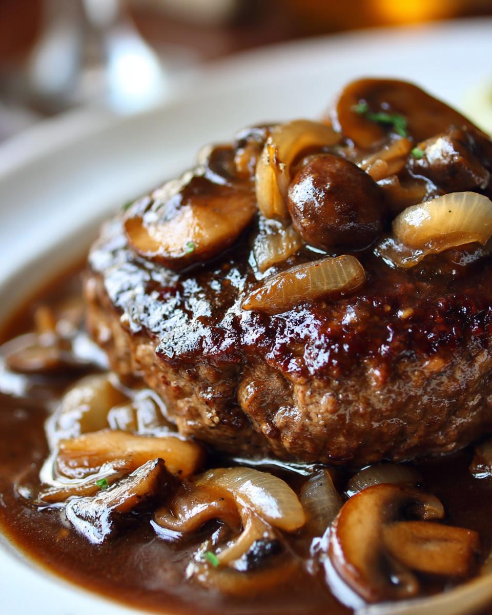 Close-up of a perfectly cooked salisbury steak smothered in rich brown gravy with sautéed mushrooms and onions.