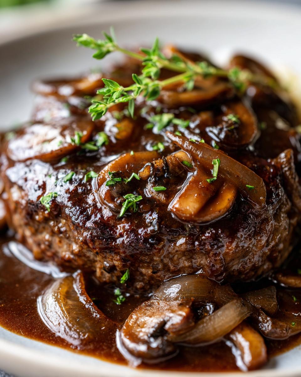 Close-up of a juicy Salisbury steak smothered in rich brown mushroom gravy and garnished with fresh thyme.