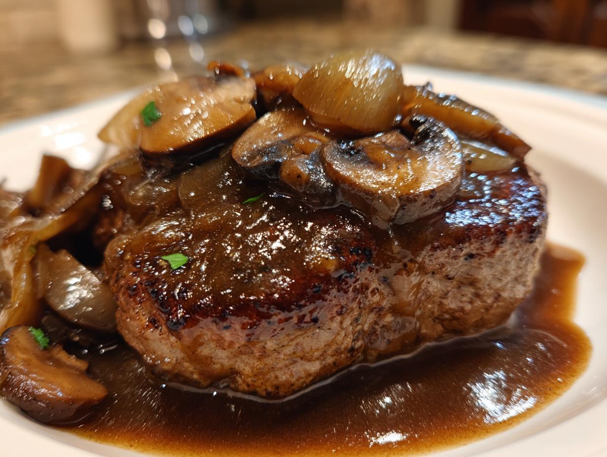 Close-up of a juicy Salisbury steak patty smothered in rich brown gravy with sautéed mushrooms and onions.