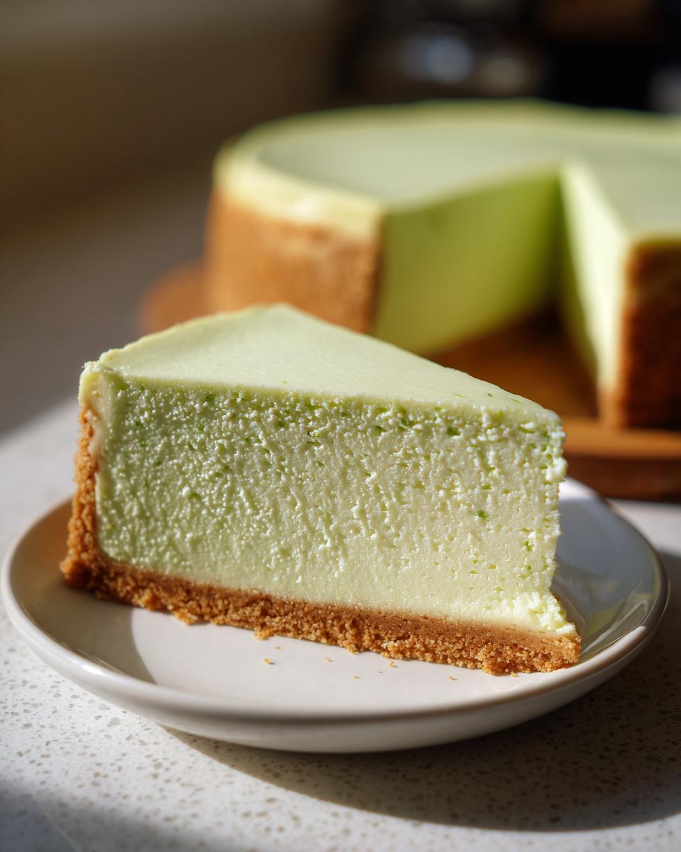 A close-up of a perfect slice of creamy, pale green key lime cheesecake with a thick graham cracker crust.